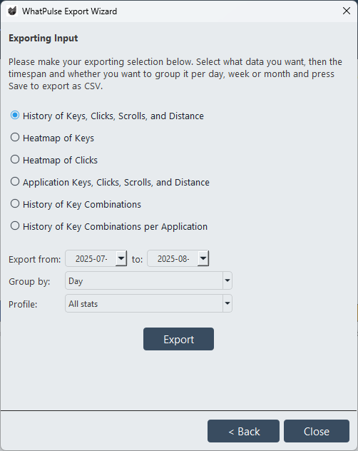 Export wizard interface