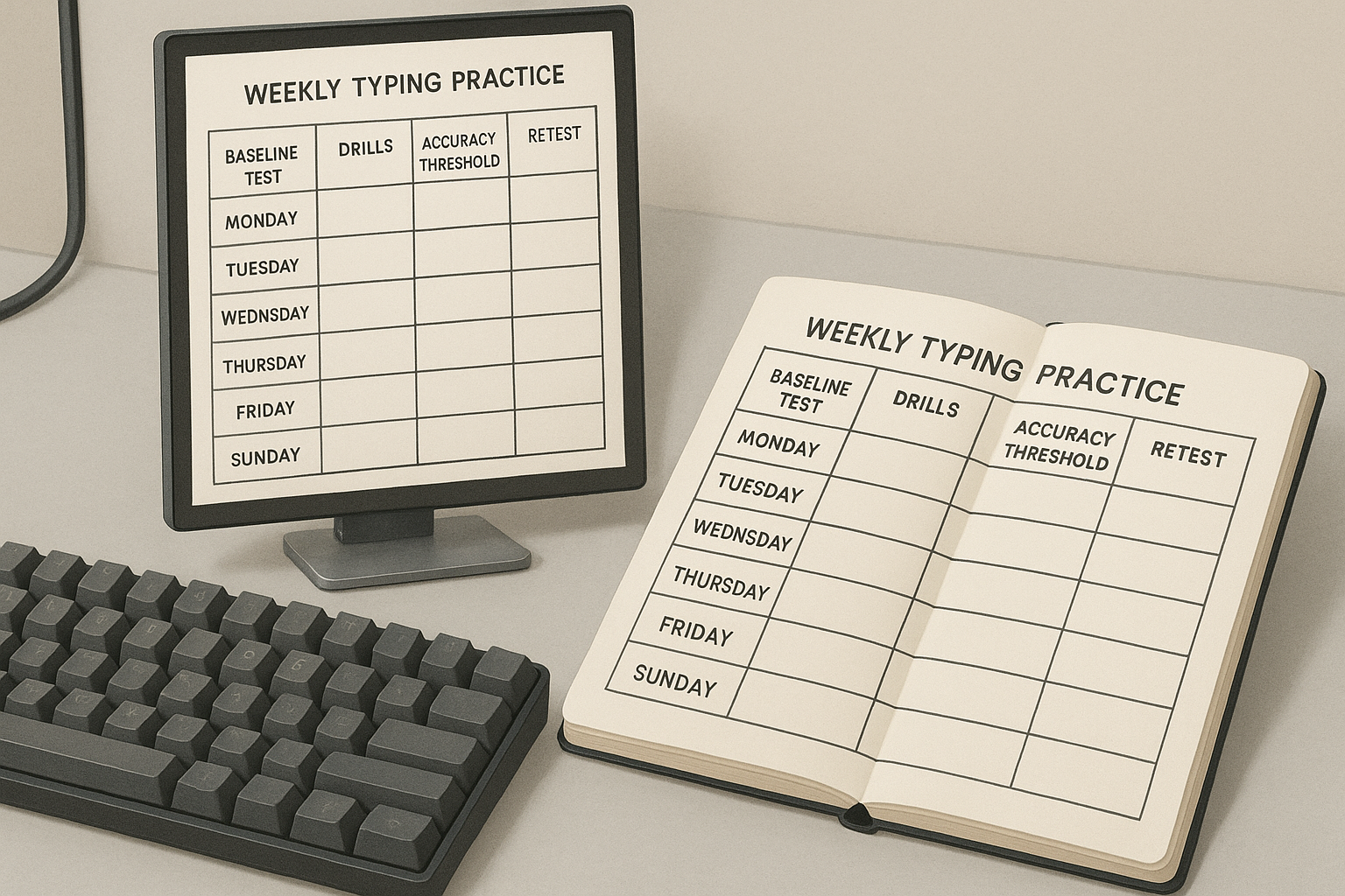 Weekly typing practice plan with baseline drills and retest blocks