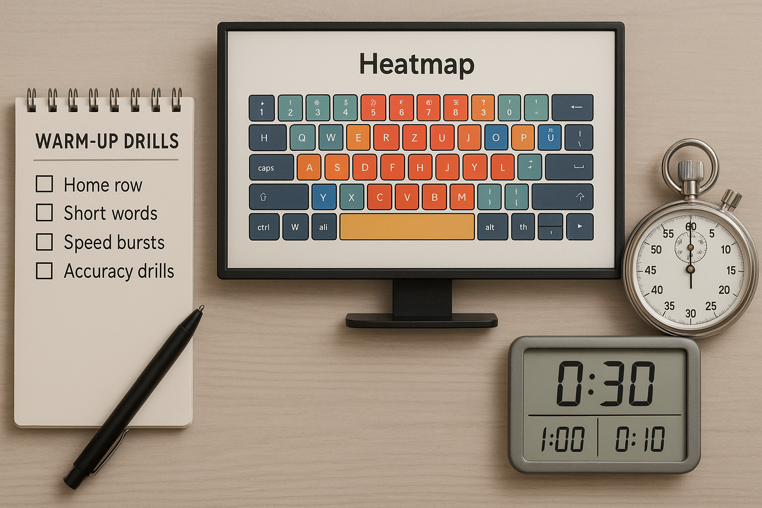 Warmup checklist and key transition practice visual for typing consistency