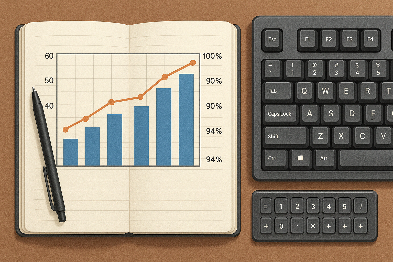 Comparison image showing short, medium, and long typing test metrics on a planning desk