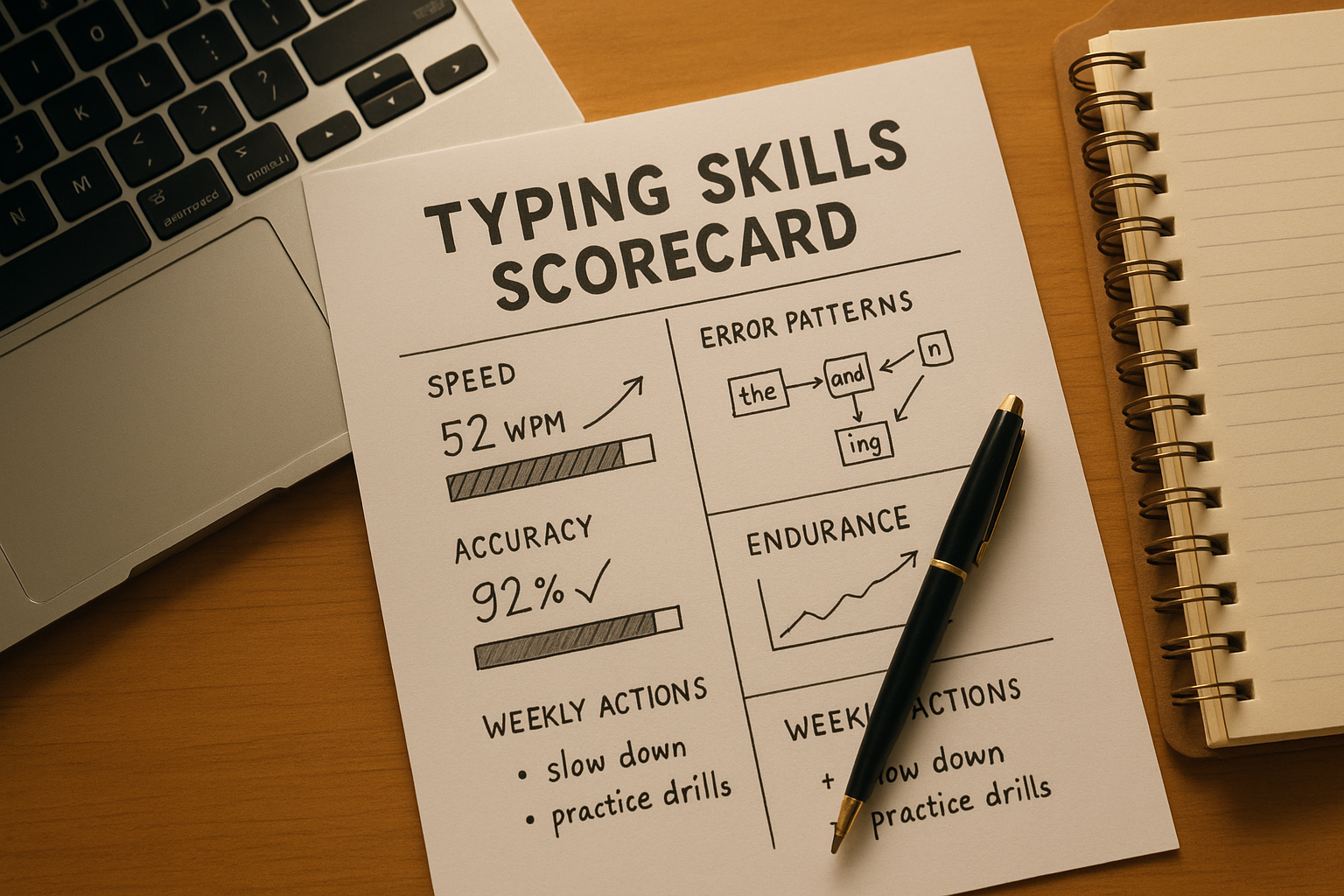 Printed typing skills scorecard with weekly action notes