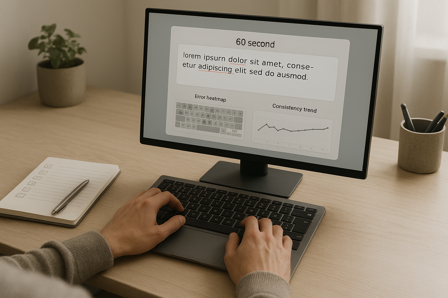 Typing session with notebook checklist and consistency chart
