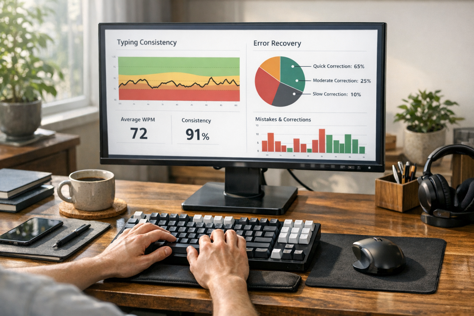 WPM test typing setup with keyboard and analytics dashboard