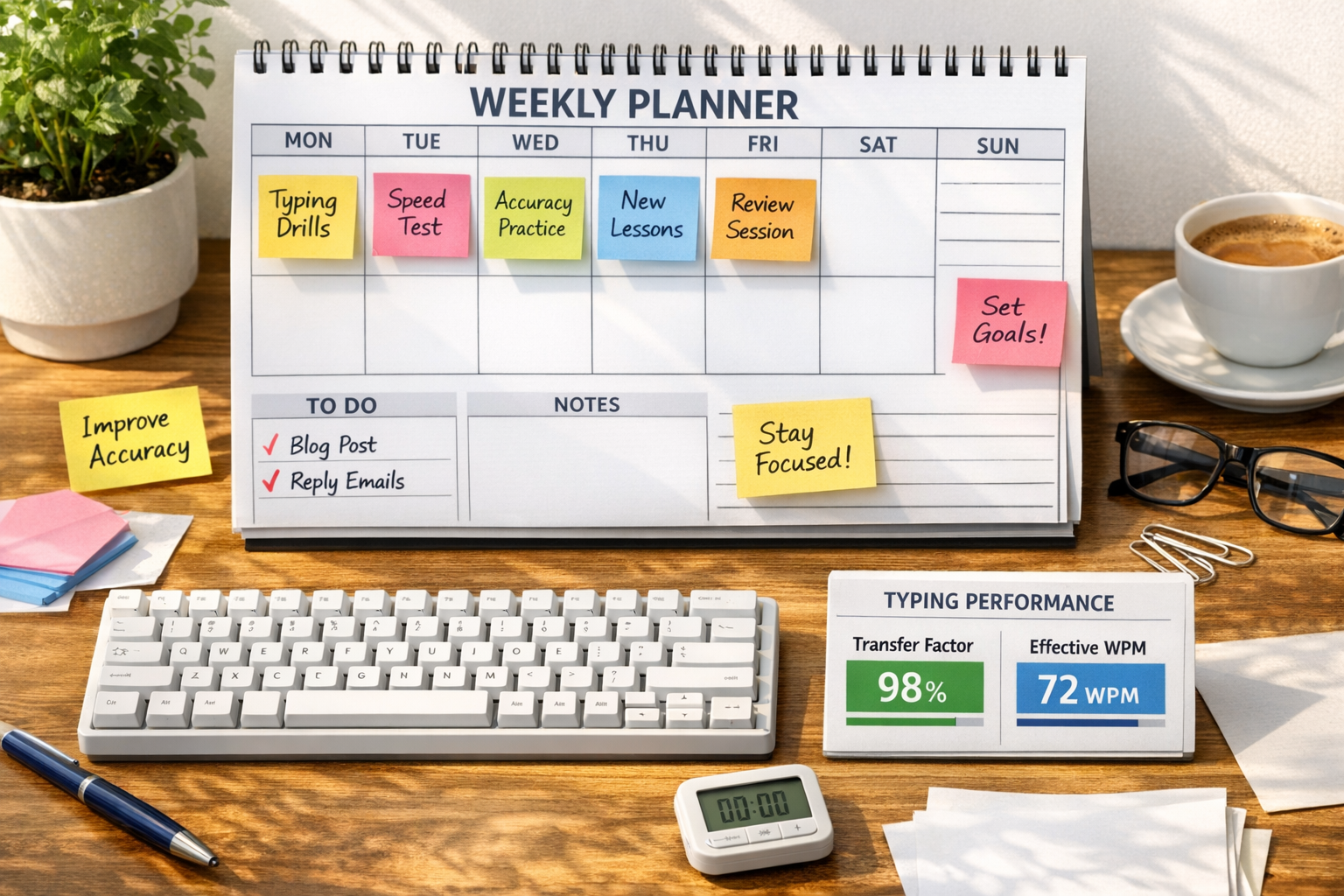 Weekly typing plan board showing transfer factor tracking and realistic WPM goals