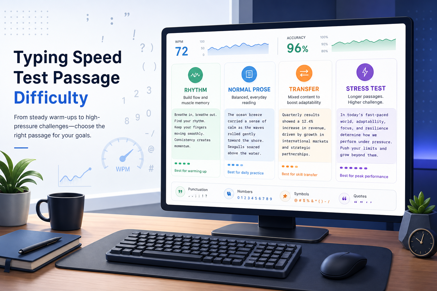 Typing speed test passage difficulty ladder with text samples and WPM metrics